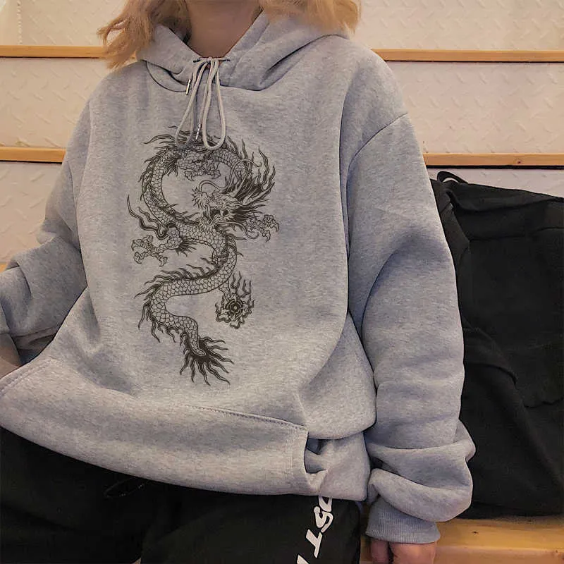 Dragon print cartoon Vintage casual moda punk de talla grande hip-hop mujeres manga larga ins gothic sudadera con capucha 210608