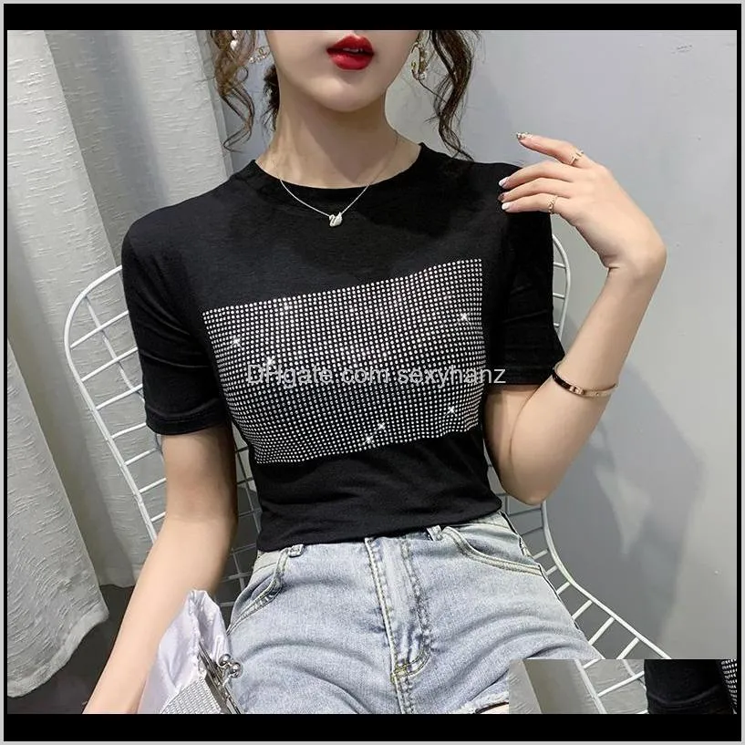 Sequined Rhinestone Fransed Tshirt Shortsleeved Womens Summer Loose Koreanska T-shirt Svart Vit Tees Fashion NbVl2 Qufwo