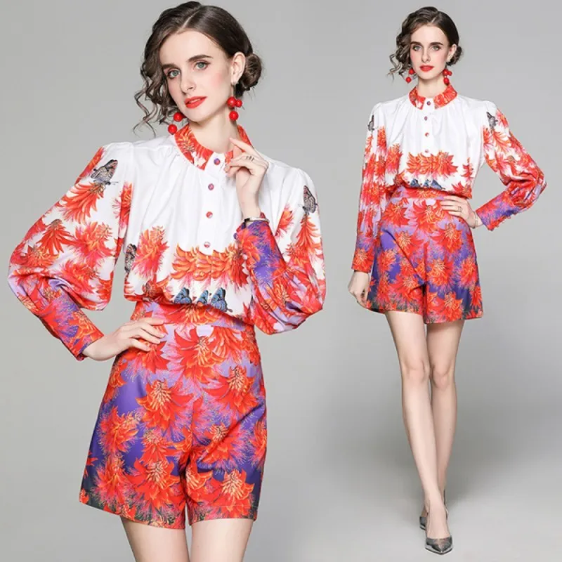 Vrouwen Vintage Floral Print Casual Contrast Color Shirts Blouses Hight Taille Mini Korte Broek 2 Stks Sets Summer Street Clothe 210514