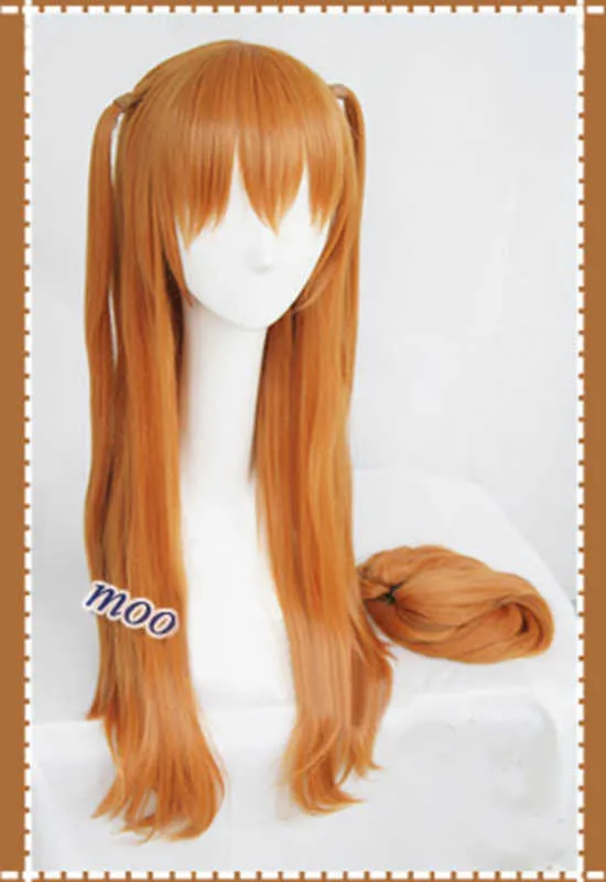 عالية الجودة الشعر إيفا أسوكا langley soryu طويل البرتقال مقاومة للحرارة تأثيري حلي شعر مستعار مع 2 مقاطع ذيل حصان + أغطية الرأس Y0913