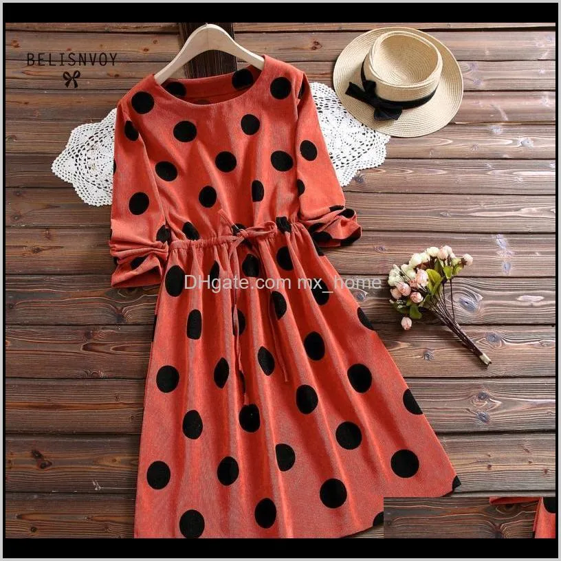 new japanese mori girl corduroy dress women polka dot printed long sleeve slim waist vestidos autumn winter dresses 201030