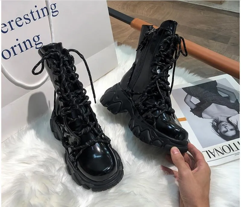 Boots Black Punk Style Platform Women Ankle 2021 Fashion Cross Strap Chunky Heels Woman Waterproof Pu Leather Shoes