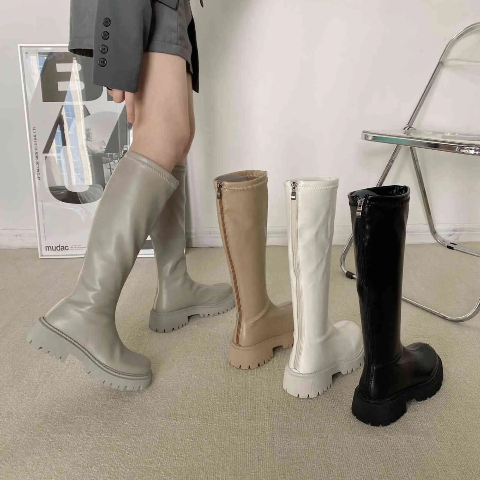 2022 runde Kappe Plattform Reitstiefel Frauen Schwarz Punk Chunky Ferse Knie Stiefel Frauen Seite Zip Designer Schuhe Frauen Botas de Mujer H1115