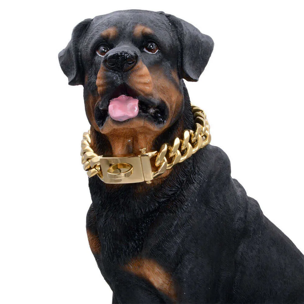 Roestvrij staal 19mm huisdier levert zware bedrijf accessoires huisdier hondenketting voor middelgrote grote honden gouden massief Cubaanse ketting groothandel x0703