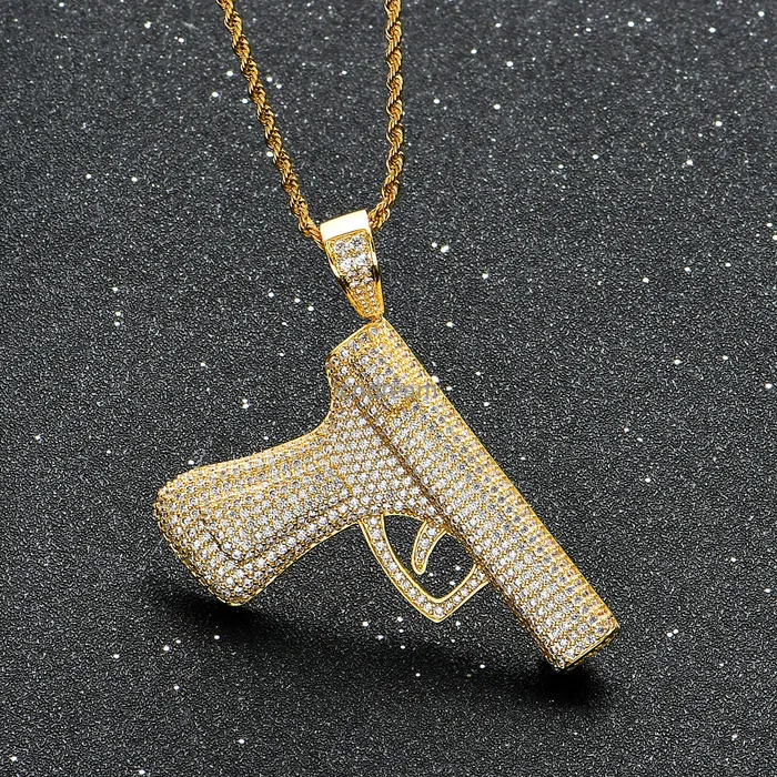 Pistolhalsband bling diamant kubik zirkon hiphop smycken set 18k guld pistol hänge halsband för män kvinnor rostfritt stål kedja mode will och ssandy