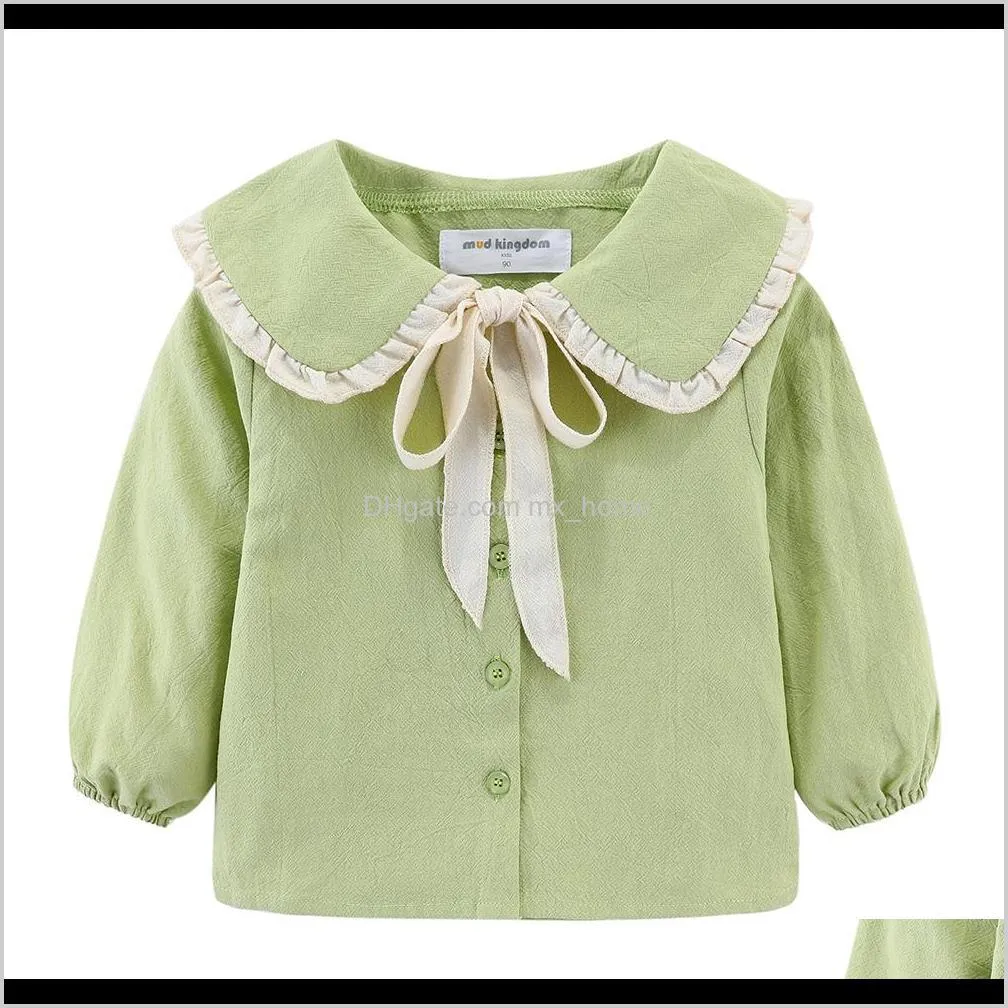 mudkingdom baby tops cotton long sleeve ruffles turn down collar design sweet toddler baby girls tops girls blouse with bow 210305