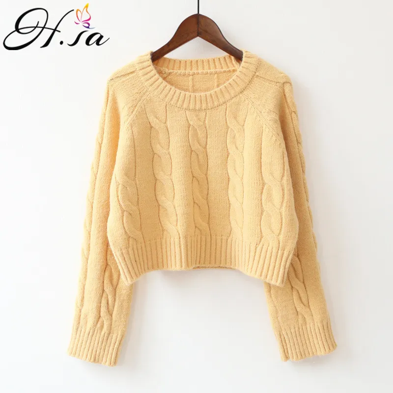 H.SA Outono Mulheres Mulheres Camisola Torciadas e Pullovers Cor Sólida Amarelo Bege Colheita Jumpers Corean Knit Jumper Pull Femme 210417