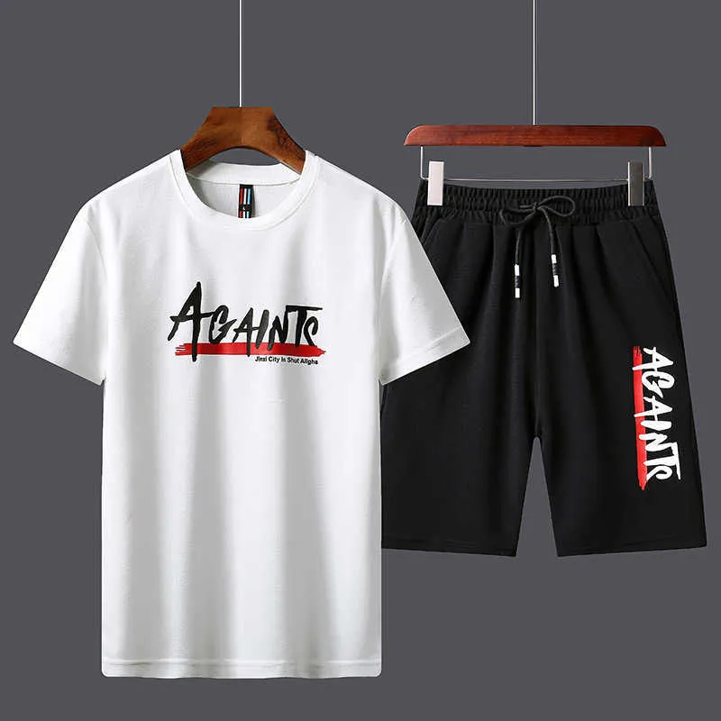 メンズトラックスーツ夏服スポーツウェアツーピースセットTシャトンズブランドトラック服男性スウェットスーツスポーツスーツ夫211006