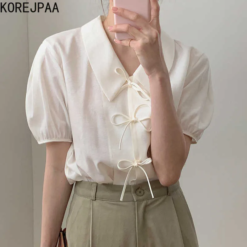 Korejpaa Dames Shirt Zomer Koreaanse Chique Dames Minimalistische Niche Revers Tie Bow Design Losse Solid Color Puff Sleeve Blouses 210526