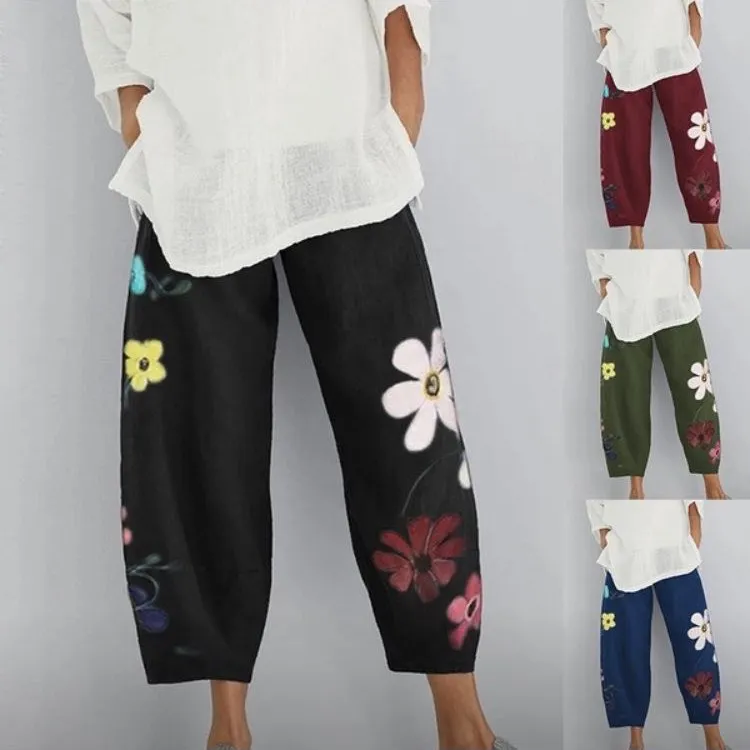 Wzory Kobiety Casual Harem Spodnie Lato Elastyczna Talia Szerokie Spodnie Noga Vintage Floral Print Spodnie Femme Luźne Pantalon Plus Siz