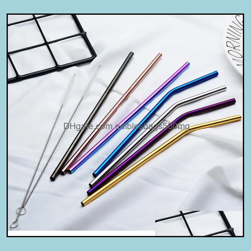 6*215MM 304 Stainless Steel Straw Reusable Drinking Straws Colorful Metal Straw Cleaning Brush Home Party Wedding Bar Drinking Tools