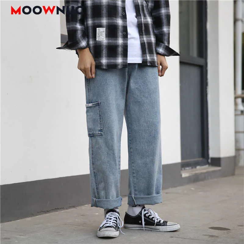 2021 Denim casual byxor manliga jeans för män full längd byxa våren mode bredben passform sweatpants tvättas rakt moownuc x0621