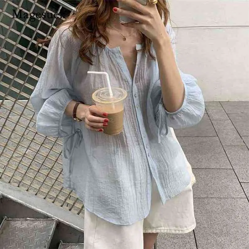 Zomer O-hals Lantaarn Lange Mouw Chiffon Blouse Super Thin Sun Protection Shirt Koreaanse Losse Chemise Blusas 10349 210518