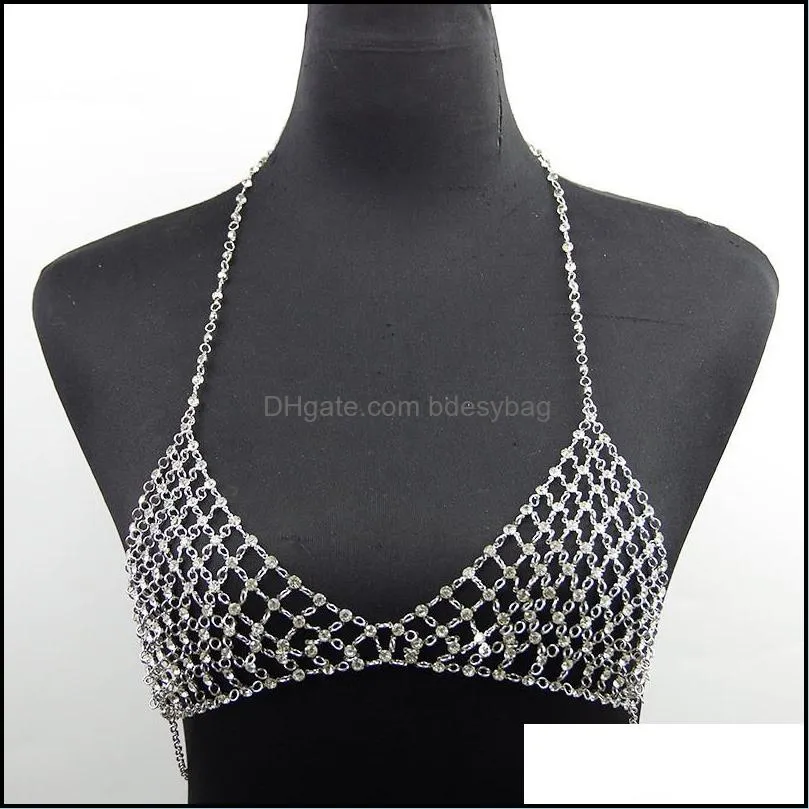 Luxury Women Crystal Rhinestone Mesh Body Bra Bikini Chain Sexy Charm Women Hollow Underwear Body Chest Chain Party Jewelry