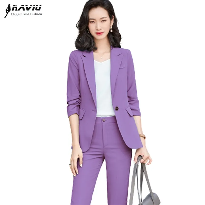 Purple Suit Half Sleeve Fashion Temperament High End Spring Slim Formal Blazer And Pants Office Ladies Work Wear 210930