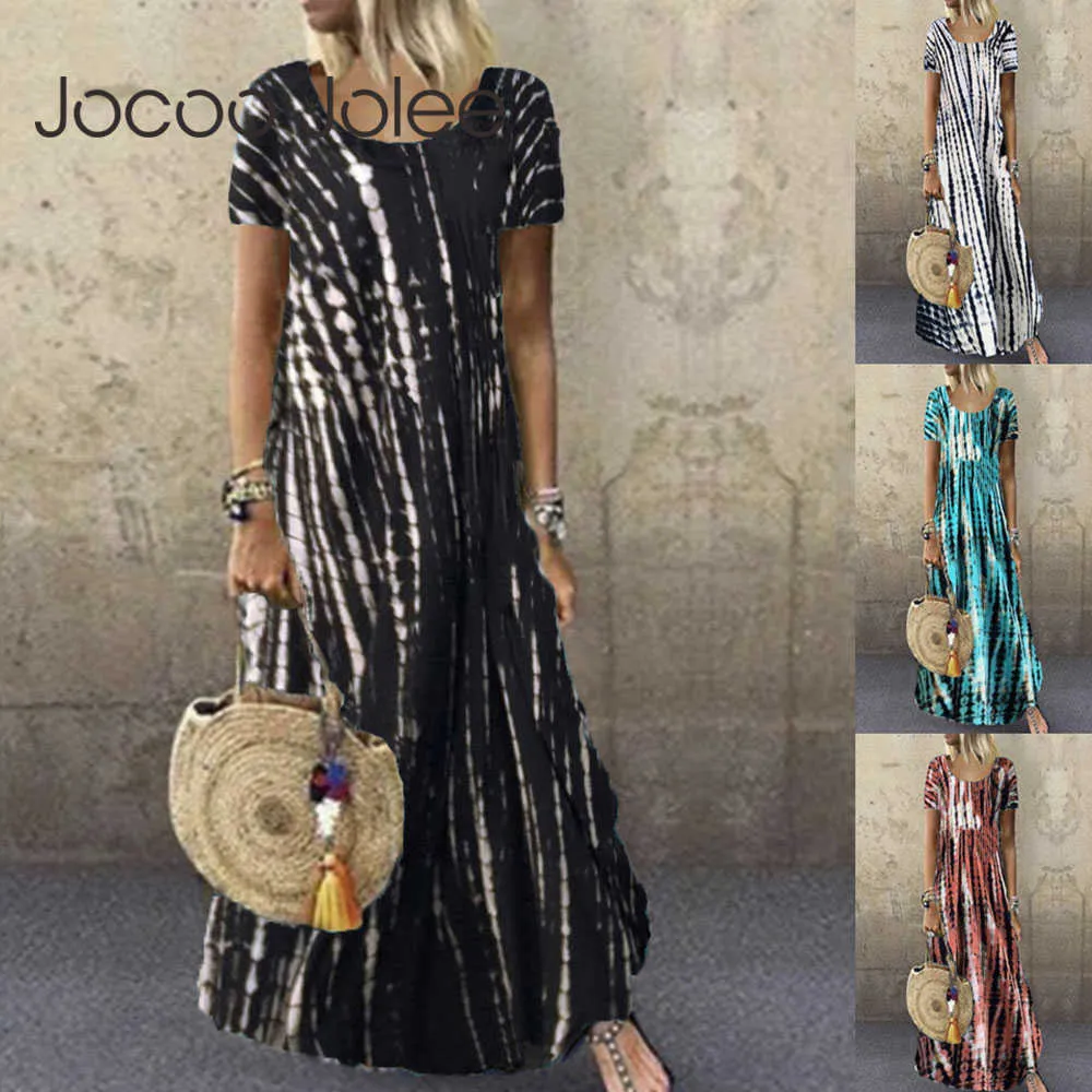 Jocoo jolee vintage y2k lång klänning avslappnad sommar kort ärm o nack slips färgämne lös maxi klänning elegant plus storlek 5xl mantel 210619