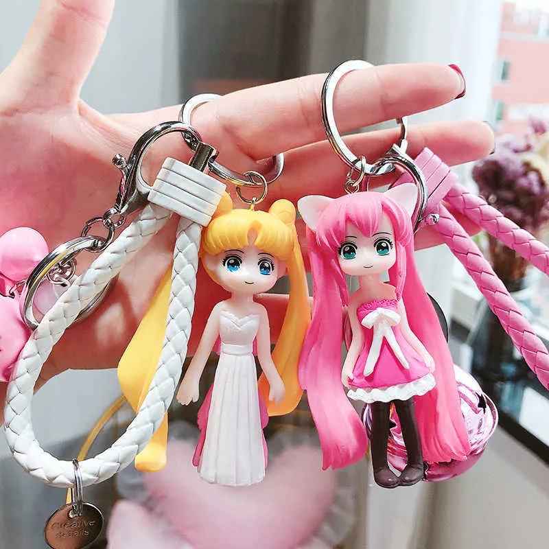 Creative Sailor Moon Keychain Cute Cartoon Bag Car Key Bell Pendant Set Boys and Girls Birthday Gift Bulk Rubber Lanyard Charm G1019