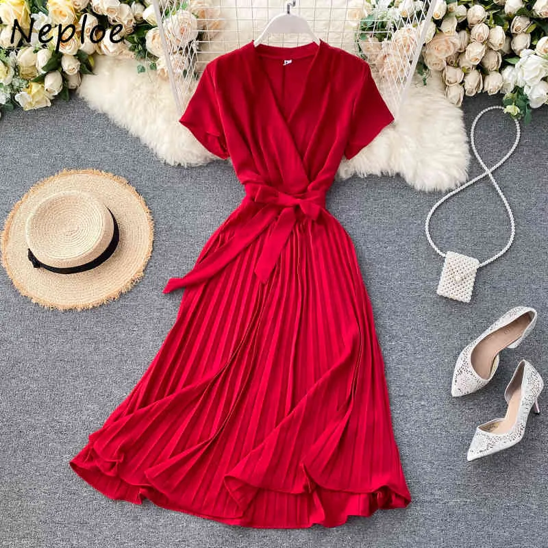 Neploe Vintage Slim V Neck Bandaż Plisowany Sukienka Lato Party Midi Długa Elegancka Dress Vestido De Festa Kobiety Tunika Sukienki 1E307 210423