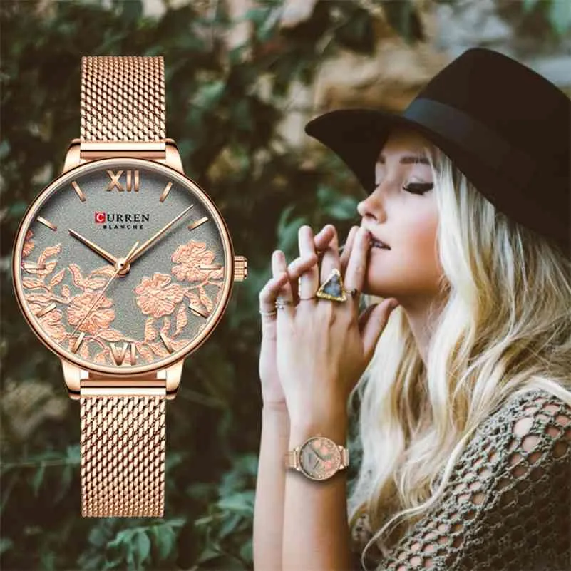 カレンファッションシンプルな女性の腕時計の花のステンレス鋼のガラス状クォーツレディース腕時計シルムカジュアル防水女性の時計210517