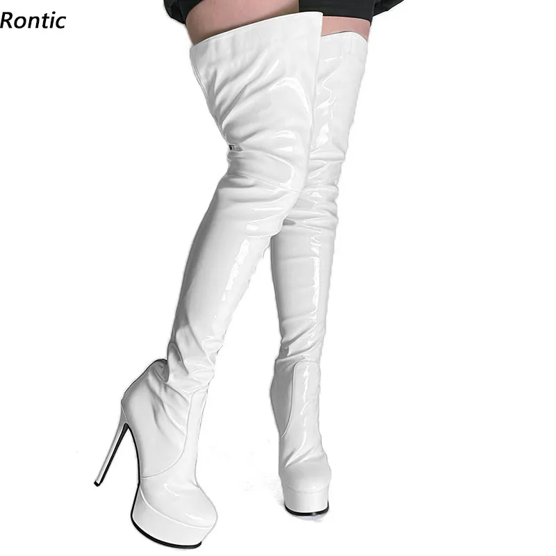 Rontic 2022 Mode Kvinnor Vinter Lår Stövlar Platform Patent Back Zipper Stiletto Heel Round Toe Yellow Dress Shoes US Size 5-13