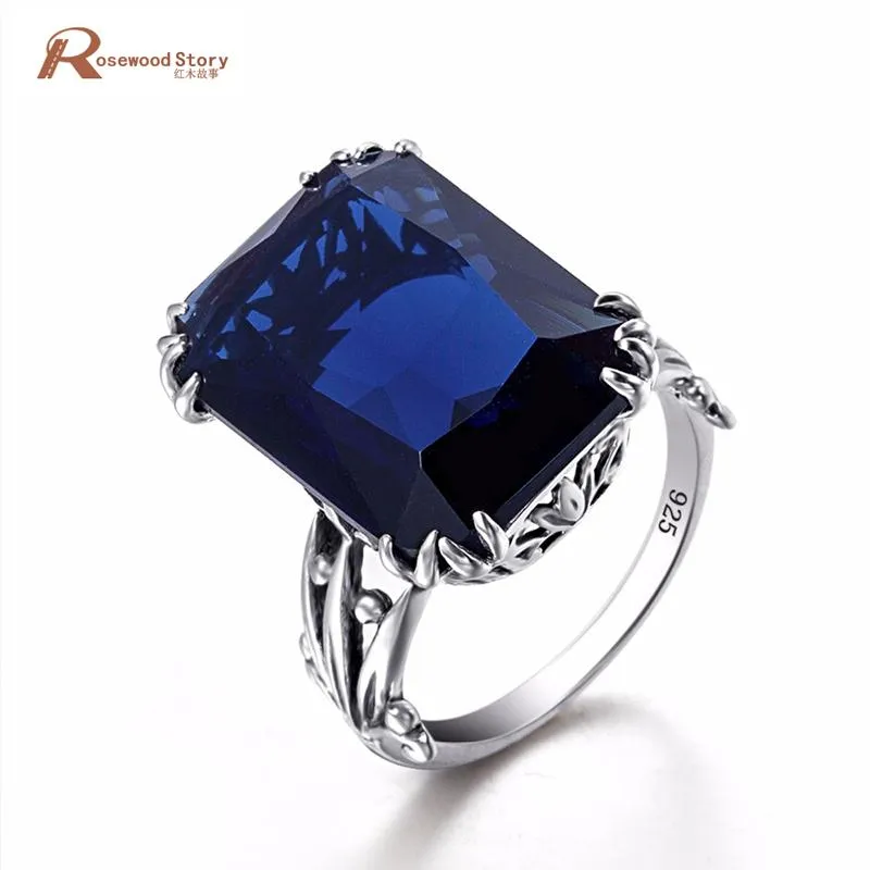 Cluster Rings Square Promise Vintage Created Sapphire Women Engagement 925 Sterling Silver September Birthstone Handmade Jewelry