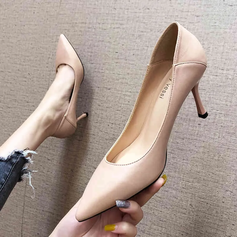 Spring Women High Heel Shoes Office Lady Work High Heels 5/7cm Soft Leather Solid Black Nude Elegant Wedding Shoes 210520