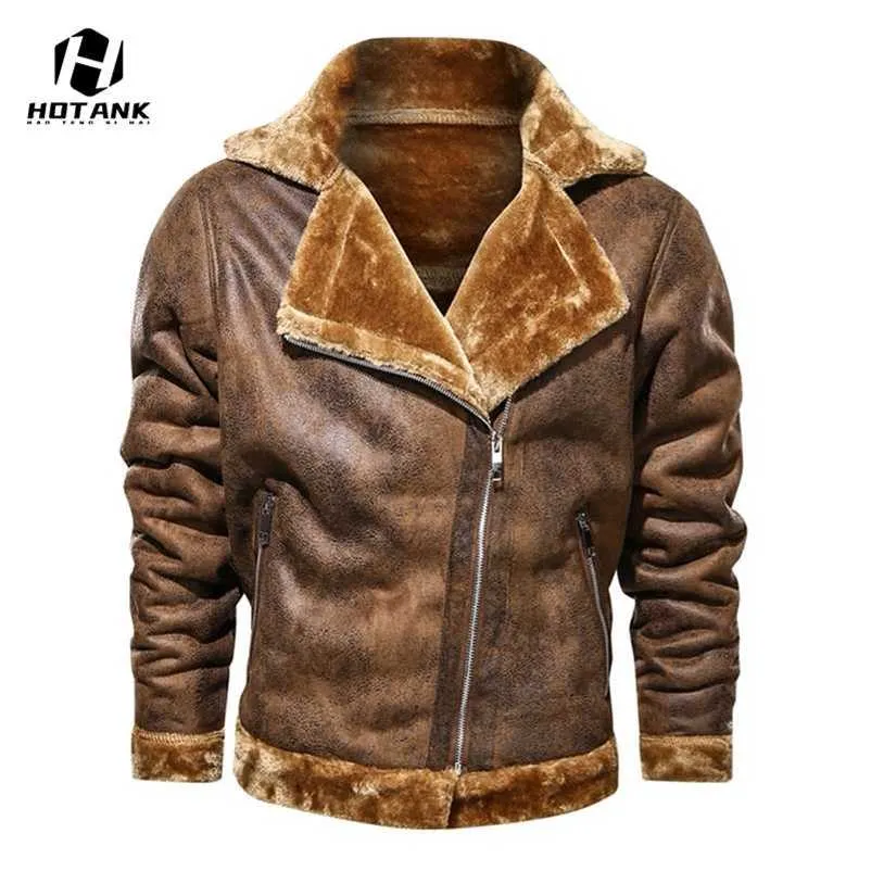 Fleece lederen jas mannen winter vintage bontkraag PU lederen jassen bruine jas heren dikke warme gevoerde turn down collar parkas 211110