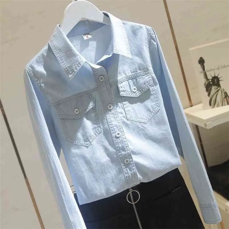 Vårhöst Korea Mode Kvinnor Långärmad Turn-down Collar Skjortor Dubbelficka Bomull Denim Casual Blue Blouse S304 210512