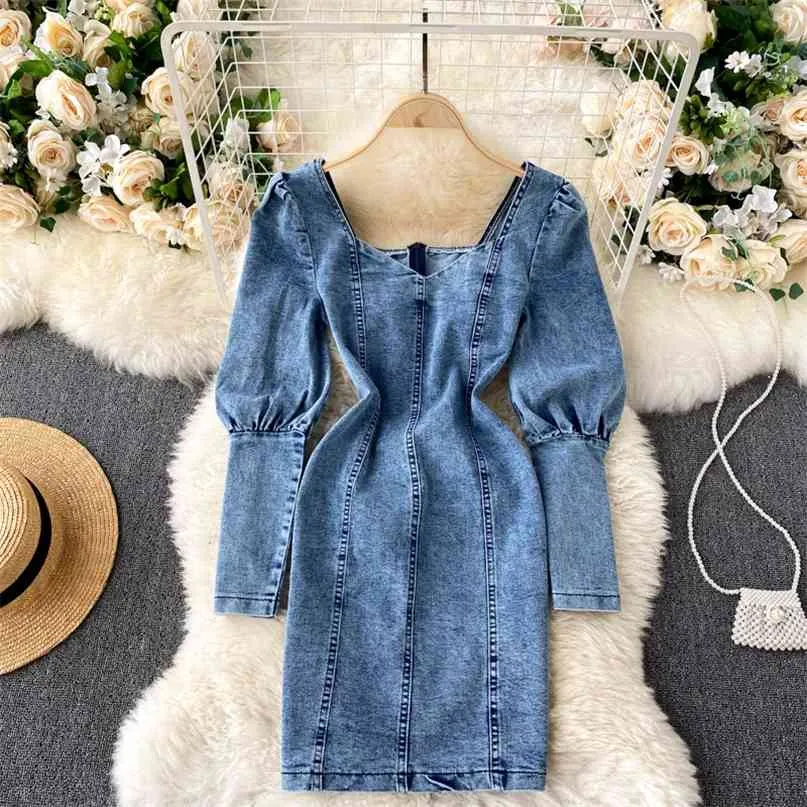 Koreanische Mode Straße Jeans Kleid für Frauen Frühling Herbst V-ausschnitt Puff Sleeve Denim Kurze Party Club Outfits 210603