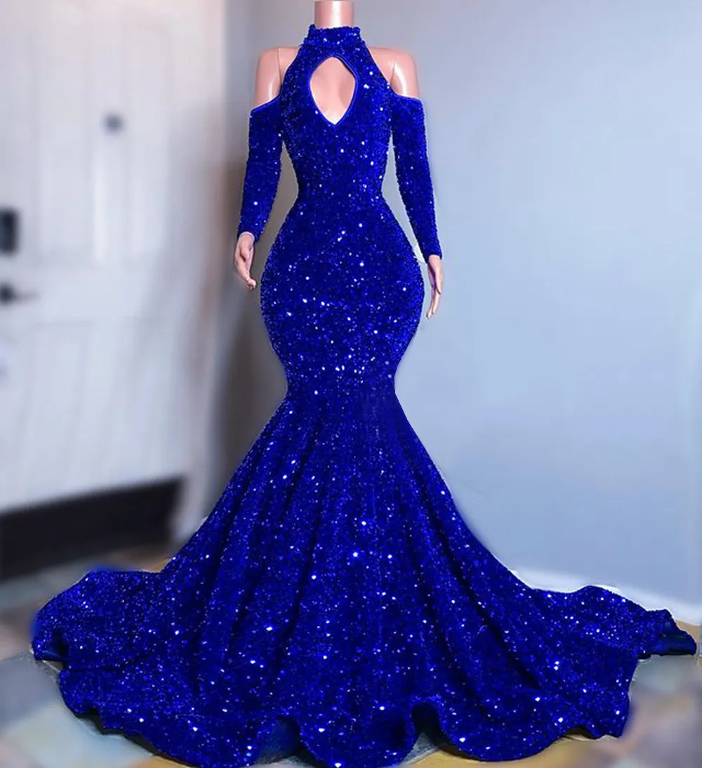 Sexy zeemeermin avondjurken van de schouder lange mouw Sparkly Royal Blue Sequin African Black Girls Long Prom Engagement Jurken 2022