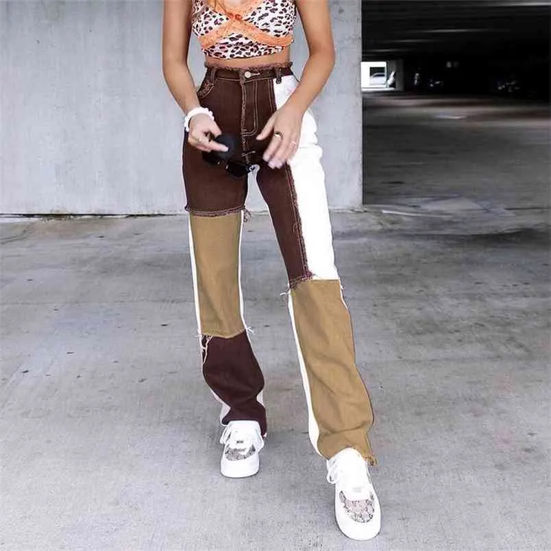 Brown Straight Y2K Women's Fashion Jeans For Girls Female Patched Vintage Denim Pants High Waist Trouser Boyfriends Capris 210510