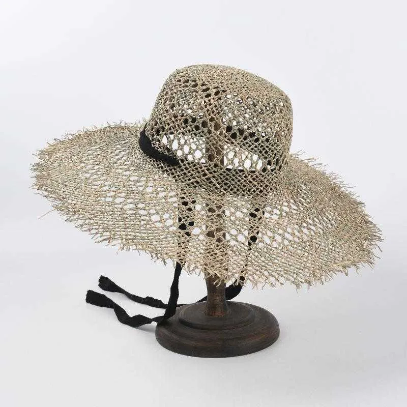 夏の帽子の春の自然な草のドームの鐘形の手編ひげ海草の帽子レディースキャップファッショナブルなカジュアルな太陽の帽子のための女性210531