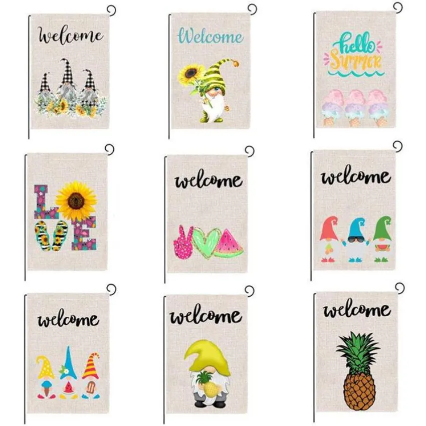 DHL Summer Garden Flag Fruit Gnomes Double Size Printed Flax Outdoor Decorative Hanging Welcome Summer Season Banner 32*47CM