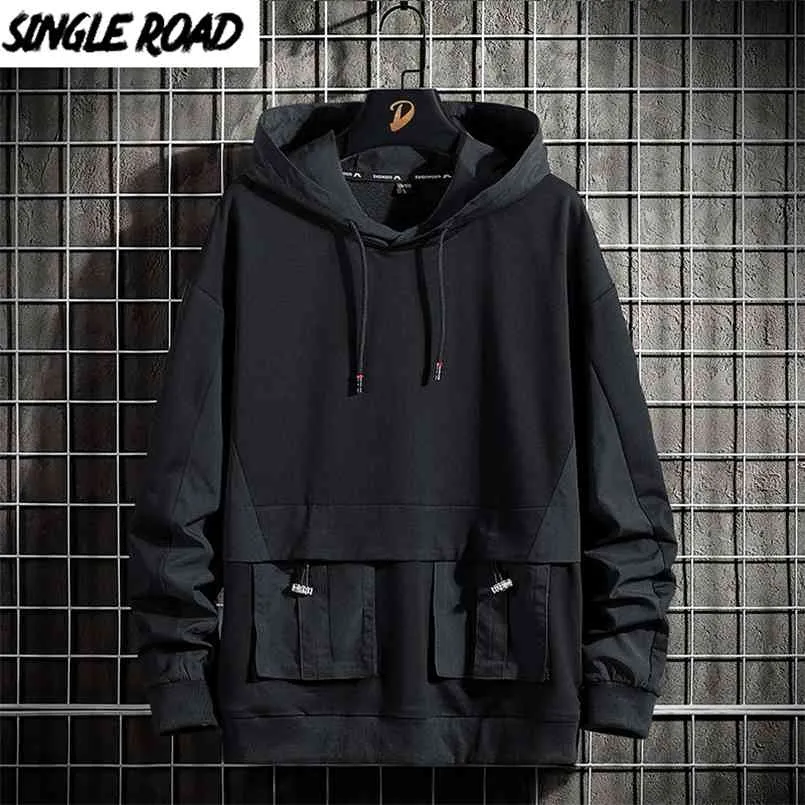 Single Road Mens Hoodies Primavera Techwear Hip Hop Sweetshirt Japonês Streetwear Oversized Black Hoodie Plus Size 210827