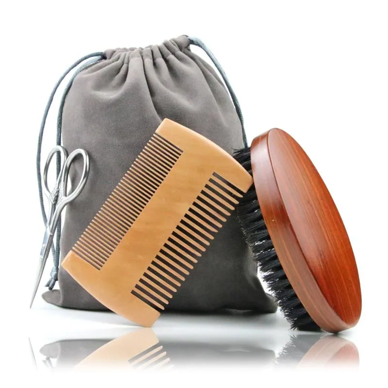 4PCS Beard Brush Set för män Dubbelsidig Styling Comb Scissor med förvaringsväska Kit Male Facial Shaving Care Tool Hårborstar
