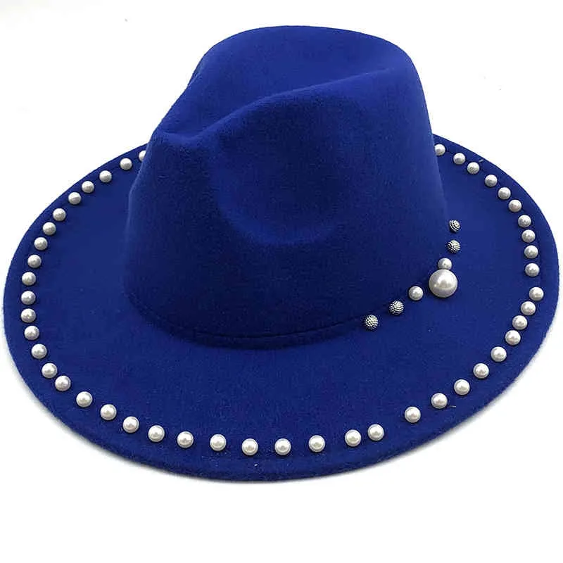 Femmes hommes laine Fedora chapeau avec ruban de perles Gentleman élégant dame hiver automne large bord église Panama Sombrero Jazz casquette