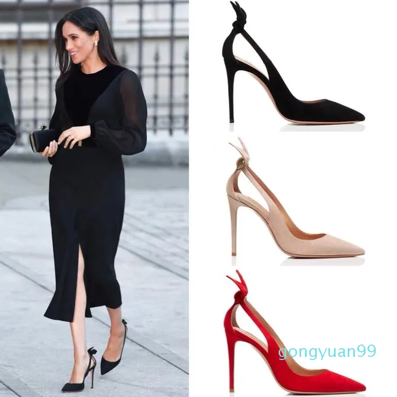 Perfekte offizielle Schuhe Deneuve Pump 105 Bow Pump Butteriges Wildleder mit spitzer Zehenpartie, seitliche Ausschnitte, echte Lederschuhe ohne Logo