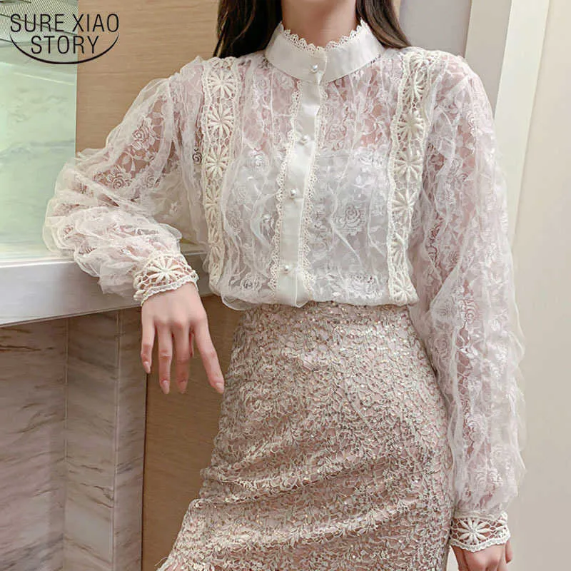Frühling Koreanische Spitze Bluse Mode Frauen Langarm Nähte Stehkragen Perle Taste Hemd Tops Weibliche Frauen Hemd 210527