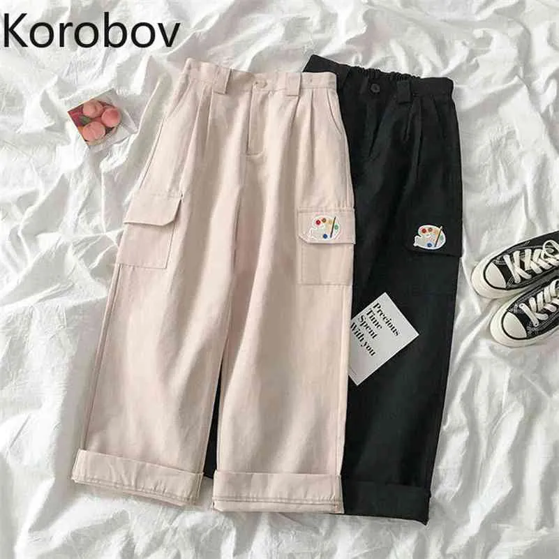 Korobov Summer New Arrival Cargo Pants Preppy Cartoon Embroidery Pockets Women Trousers Korean Streetwear Joggers 210430