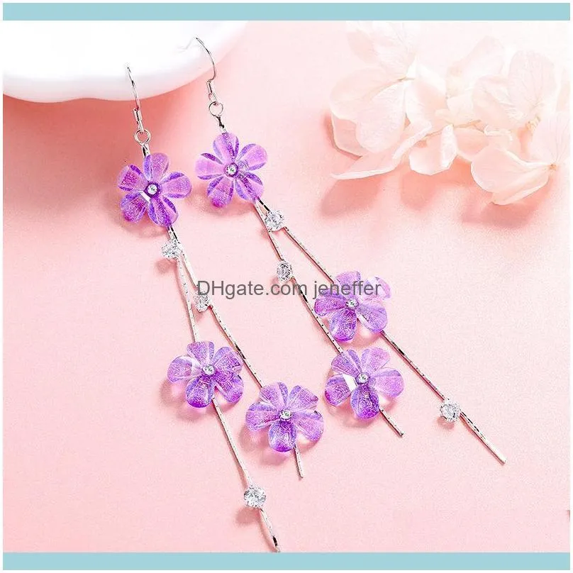 bamboo VINTAGE women`s fashion purple Chain flower EARRINGS 925 silver four claw long tassel earhook