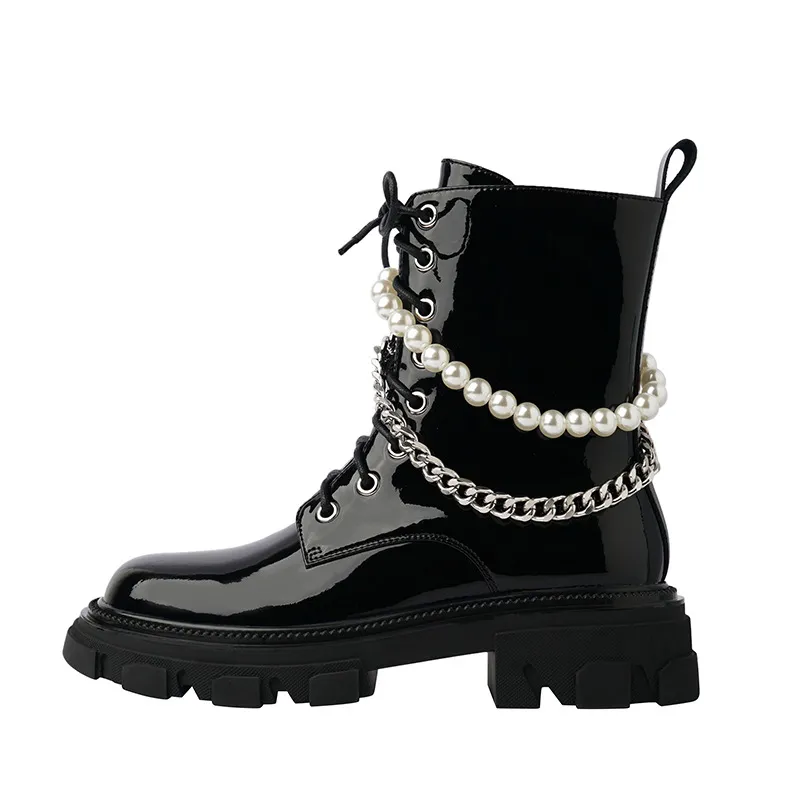 Damen-Perlenketten-Martin-Stiefel mit dicken Sohlen, modische schwarze kurze Stiefel