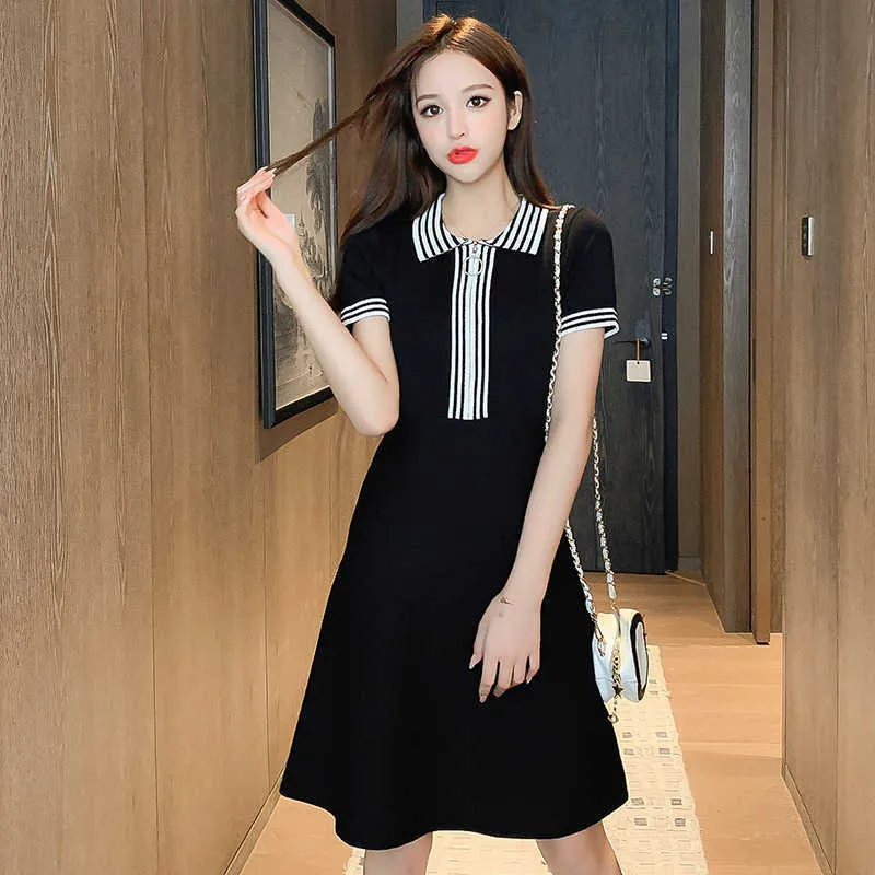 Aankomst zomerbaan Koreaanse vrouwen luxe vintage elegante truien mode gebreide gestreepte trui korte jurk vestidos 210529
