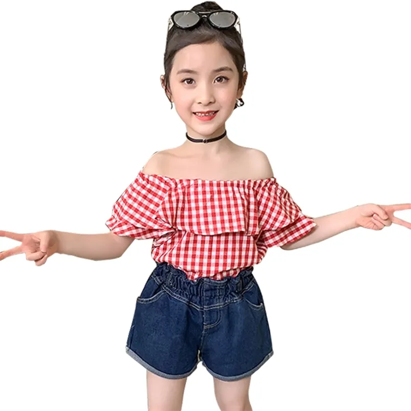 Teen Girls Clothing Plaid Tshirt + Denim Short Teenage Summer Clothes Casual Style Costumes For Children 210527