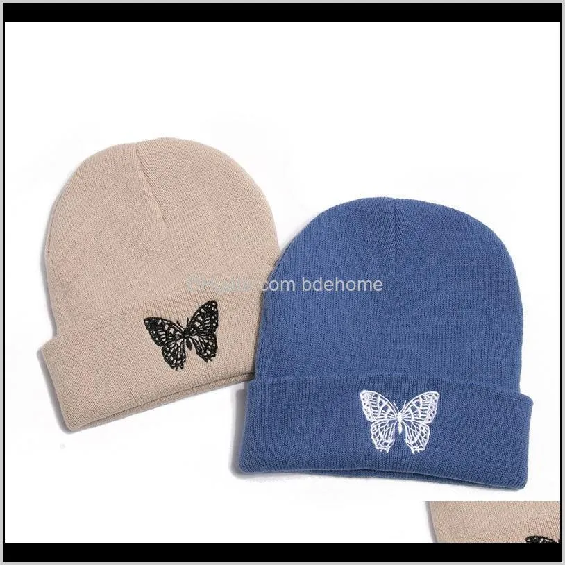 autumn casual black beanies hats for women men butterfly embroidery winter cap warm knitted hip hop beanie hat