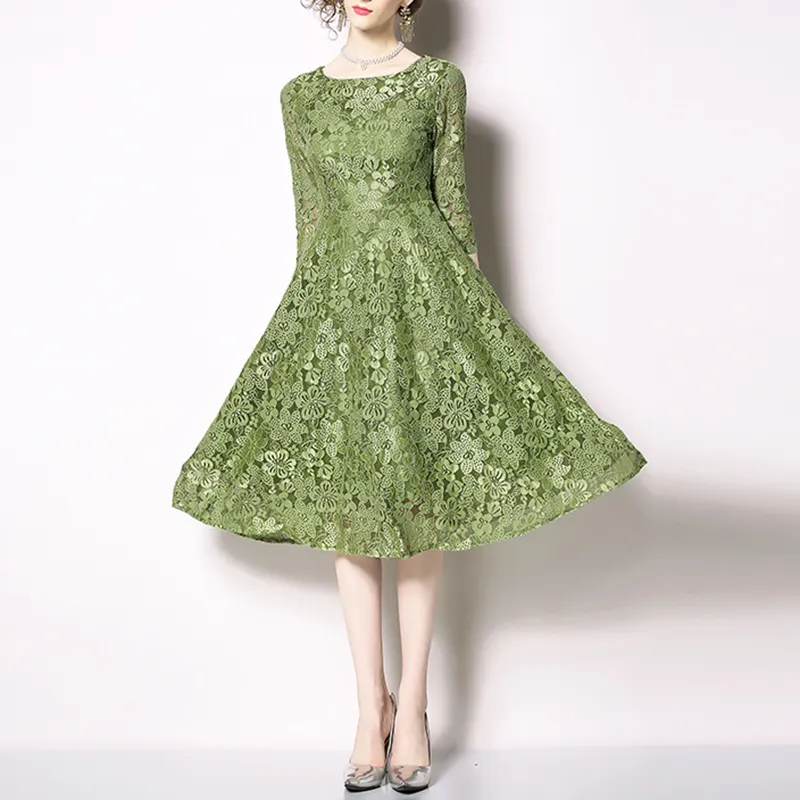 Gancho verde flor laço oco out o pescoço 3/4 manga zipper midi vestido elegante partido outono D1737 210514