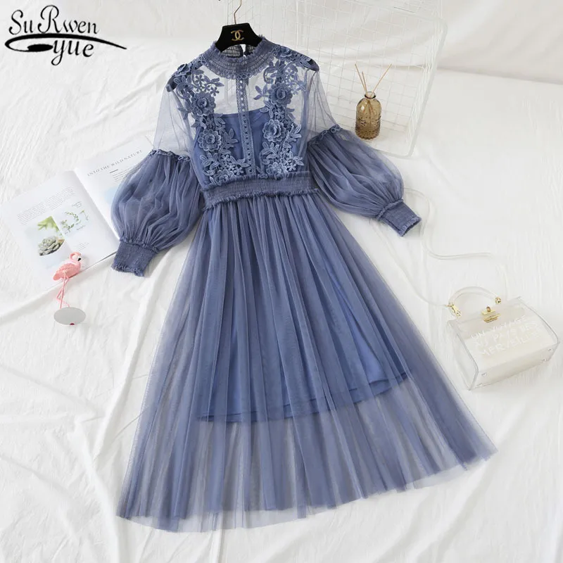 Women Fashion Dress Stand Collar Lantern Sleeve Mesh See-through Lace Embroidery Fairy Femme Vestidos Robe 11767 210427