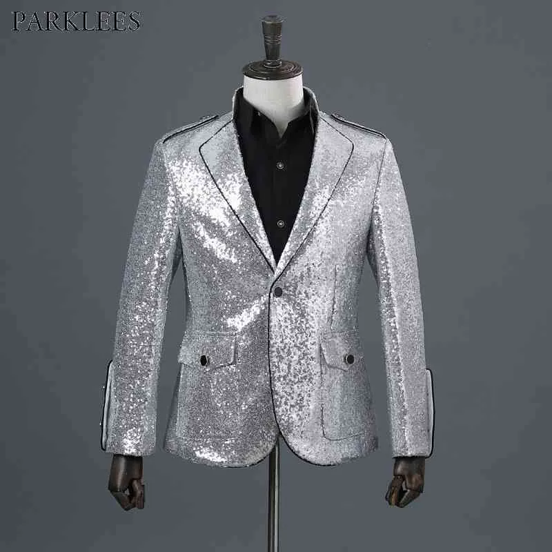 Glänsande sliver Sequin Lapel Piping One Button Tuxedo Suit Blazer Men Bröllop Singer Satge Suit Jacket DJ Club Prom Costume Homme 210522