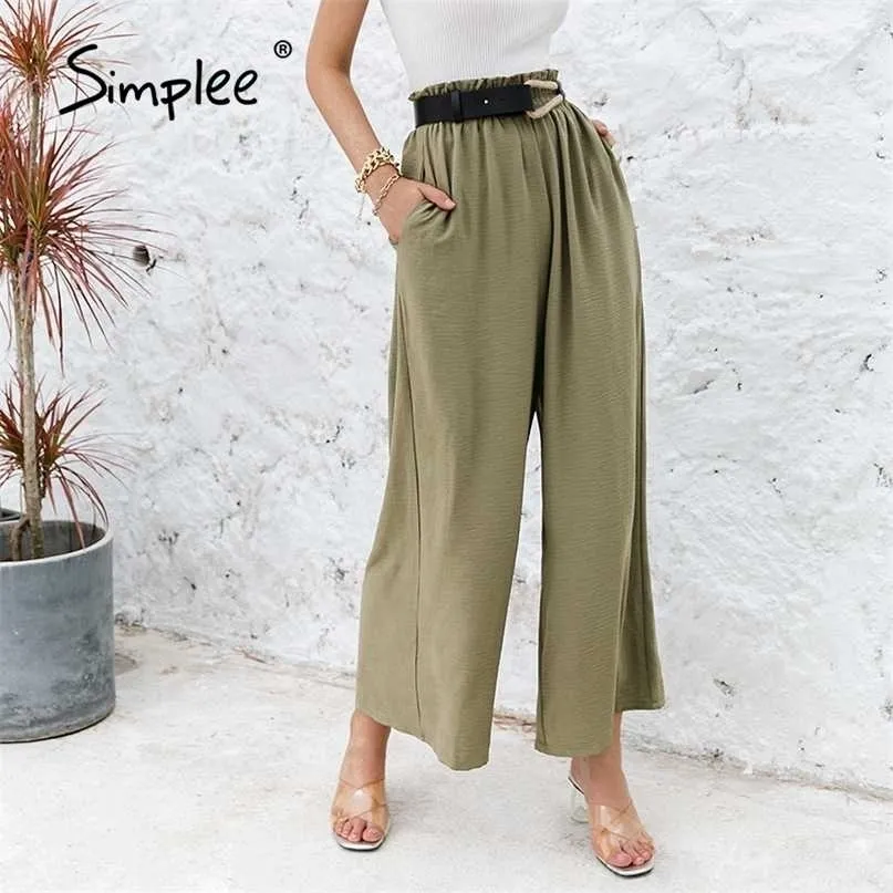 Solid color high waist wide leg pants women Loose casual summer trousers Classic ruffled soft long female bottoms 211115