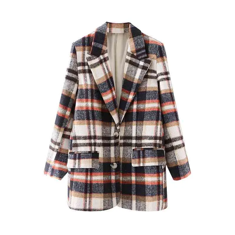 Vintage femmes laine Plaid Blazers mode dames Streetwear col cranté veste élégante femme Chic poche vestes 210430