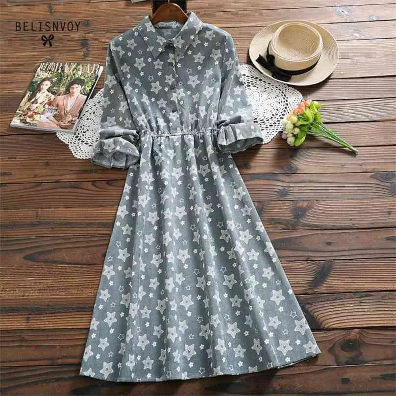 Vintage Corduroy Floral Midi Dress With Turn Down Collar For Women